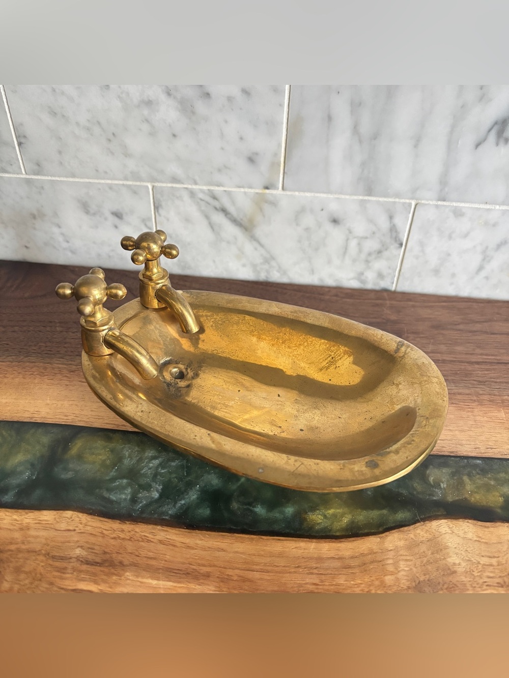 Vintage Mid Century Solid Brass Bathtub Shaped Soap Dish with Double Taps
